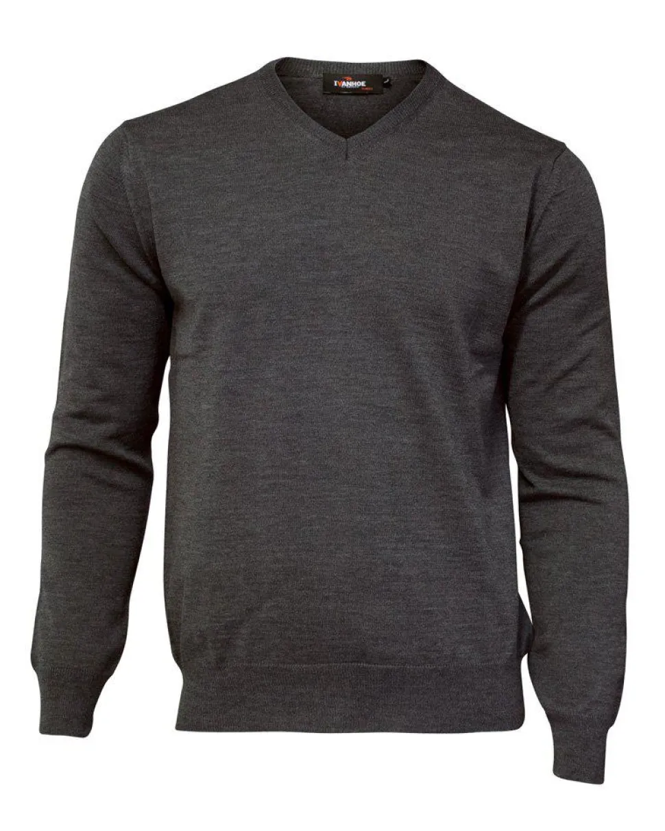 MERINO V-NECK MALE, 100% EXTRA FINE MERINOULL — GRAPHITE MARL